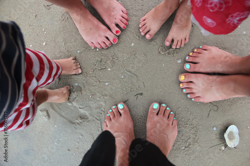 Top view of women's and children's feet on the beach