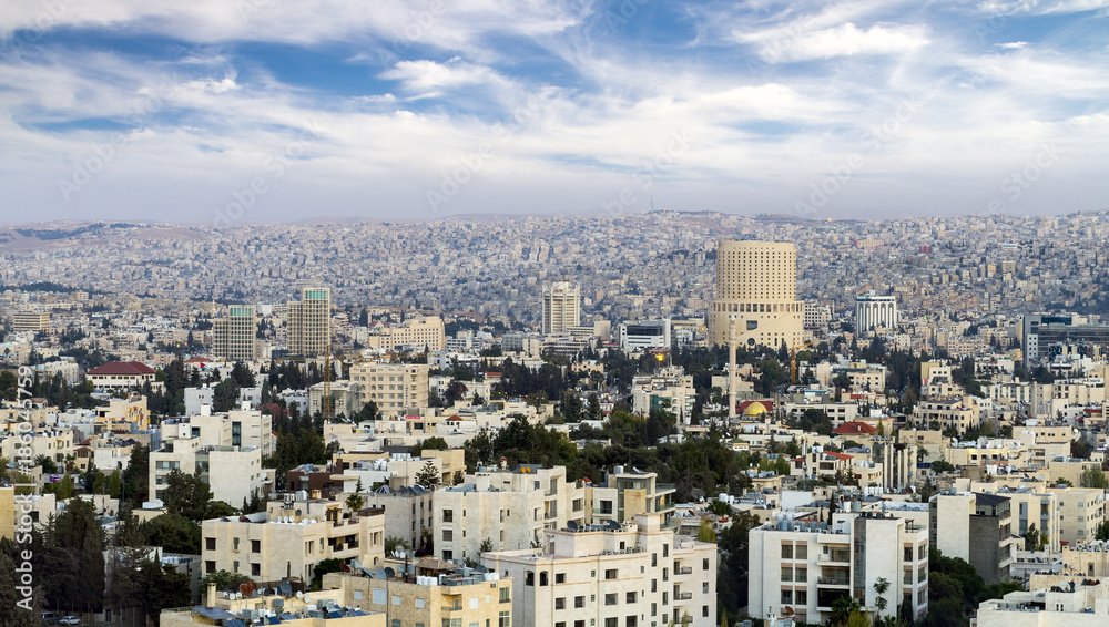 The view of Amman city from air - view of modern buildings in Amman the capital of Jordan