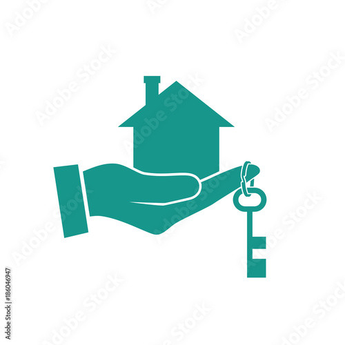 House key in hand icon. Real estate agent holds the key from home. Concept of selling, renting template. Vector illustration flat design. Silhouette, pictogram. Giving keys.