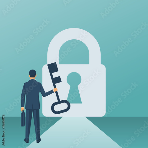 Businessman in suit standing in front of keyhole with key in hand. Solution to problem business concept. Man looks open opportunities. Male walking go to goal. Vector flat design. Isolated background