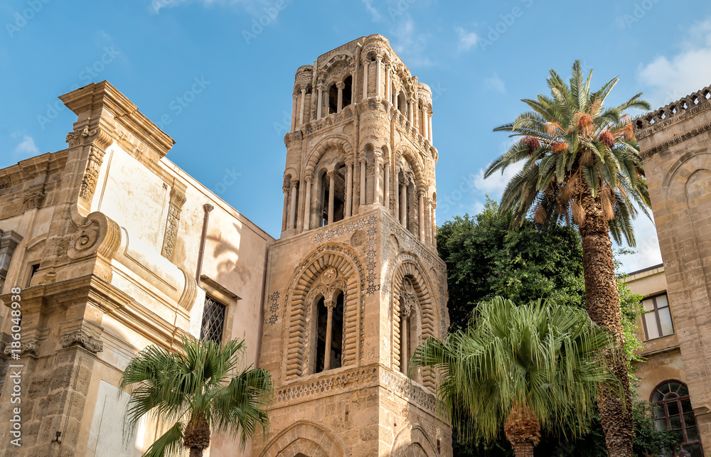 View of the baroque facade with the Romanesque belltower of Santa Maria dell'Ammiraglio Church known as Martorana Church, Palermo, Italy
View of the baroque facade with the Romanesque belltower of Santa Maria dell'Ammiraglio Church known as Martorana Church, Palermo, Italy