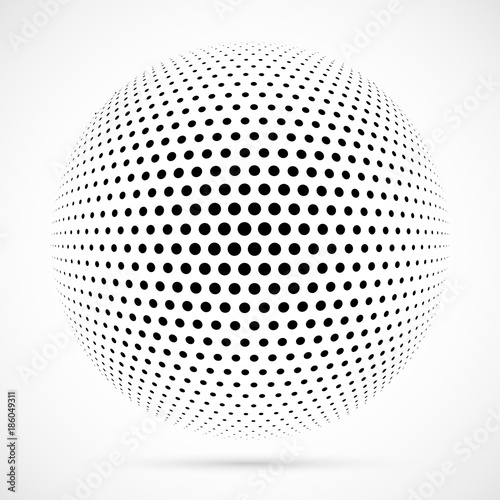 White 3D vector halftone sphere.Dotted spherical background.Logo template with shadow.Circle dots isolated on the white background.