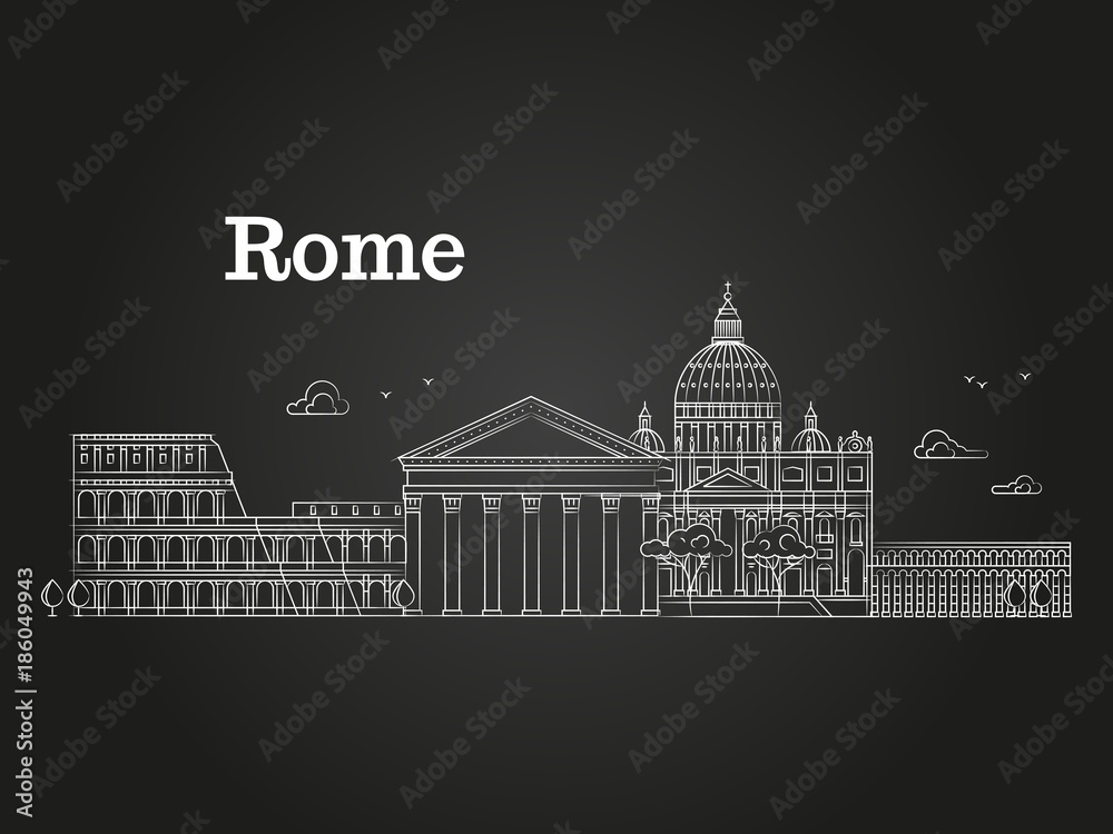 White linear Rome panorama with famous buildings, sights
