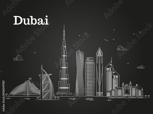 White linear Dubai panorama with skylines and famous buildings
