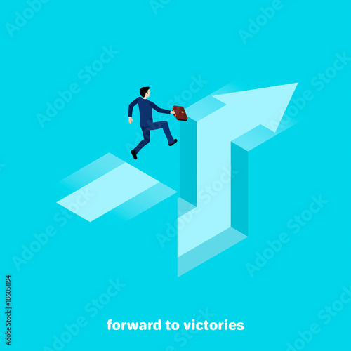 a man in a business suit with a briefcase in his hand jumps over a cliff, isometric image