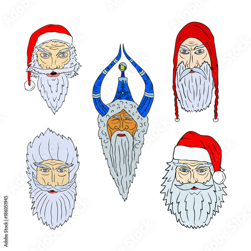 Faces of Santa Clauses of different countries isolated on transparent background