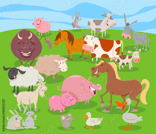 cute cartoon farm animal characters group