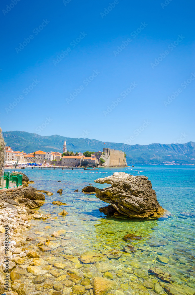 View of old district of Budva from the sea, Montenegro