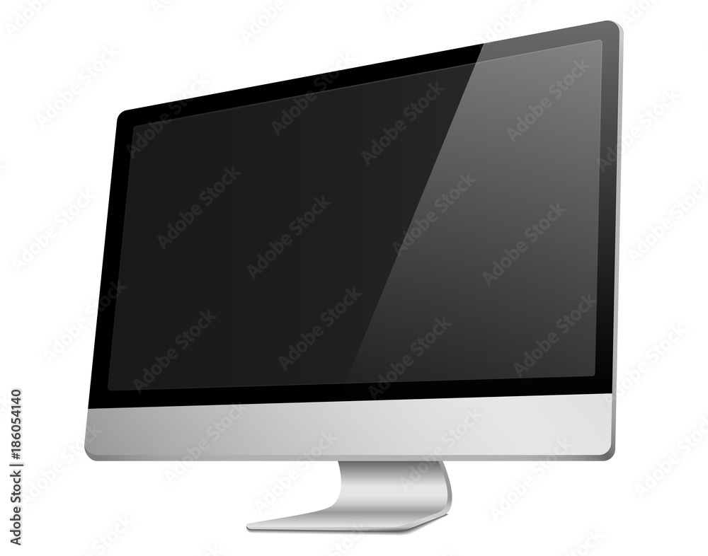 Realistic 3D Computer right view, with a black screen, isolated on a white background Realistic 3D Computer right view, with a black screen, isolated on a white background