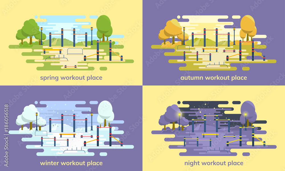 Set of street workout place of seasons for fitness and strength training. City sport park. Element and equipment for urban outdoor training. Sport background. Vector illustration.