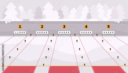 Biathlon shooting range. Place of shooting for competitions in biathlon. Winter sport background. Flat vector illustration.