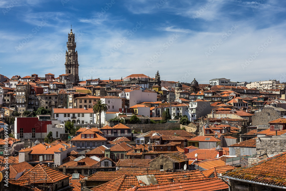 Rooftops and Torre dos Clérigos in Porto, seen from the cathedral (Sé).