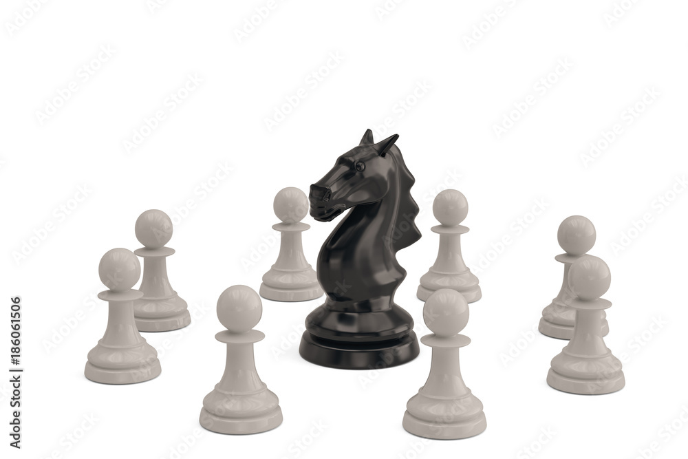 Knight and pawns chess piece on white background.3D illustration. Knight and pawns chess piece on white background.3D illustration.