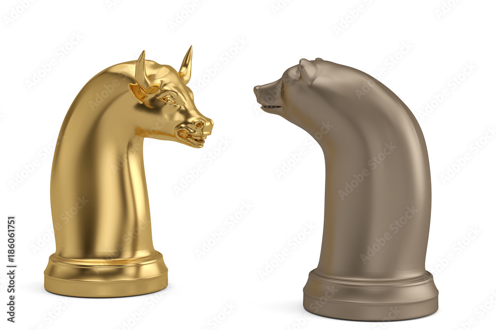 Bear and bull chess piece on white background.3D illustration. Bear and bull chess piece on white background.3D illustration.