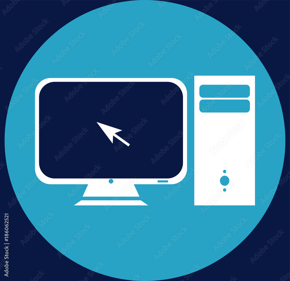 Computer icon.Single flat on the circle on blue background Computer icon.Single flat on the circle on blue background