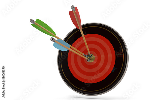 A red archery target with red and wooden arrows in the center bullseye. 3D illustration.
