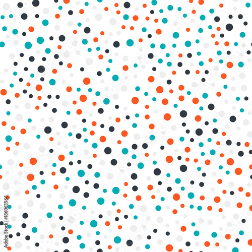 Colorful polka dots seamless pattern on black 17 background. Charming classic colorful polka dots textile pattern. Seamless scattered confetti fall chaotic decor. Abstract vector illustration.