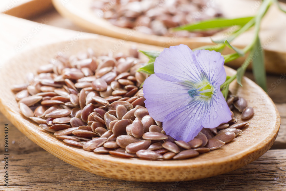 flaxseed with its flower on the kitchen table