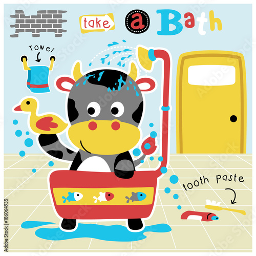 cartoon of little cow bath time