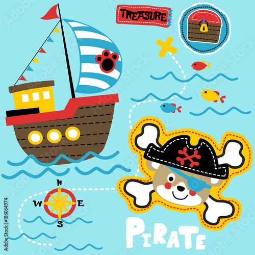 funny pirate head cartoon with wooden sailboat