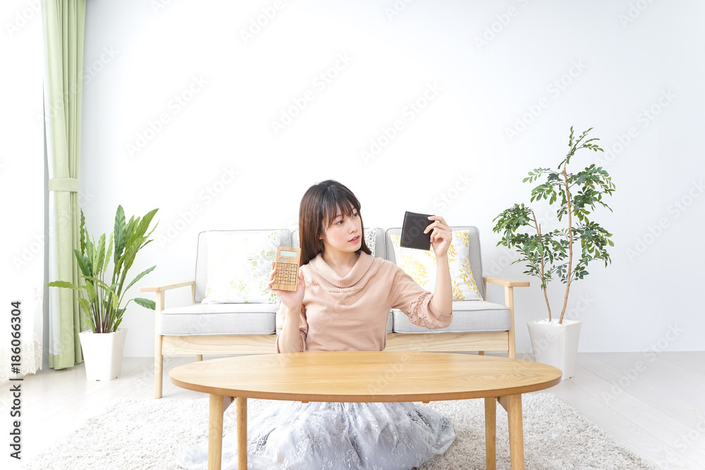 Young woman calculating domestic accounts Young woman calculating domestic accounts