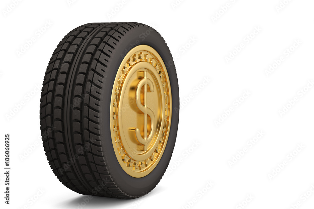 Gold dollar coin tires on white background.3D illustration. Gold dollar coin tires on white background.3D illustration.