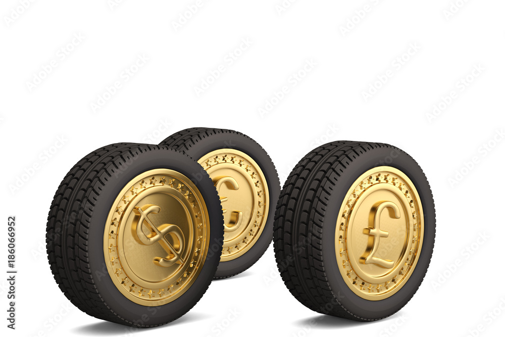 Gold coin tires on white background.3D illustration.