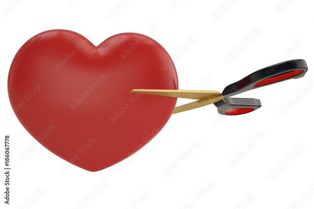 Scissors and heart on white background 3D illustration. Scissors and heart on white background 3D illustration.
