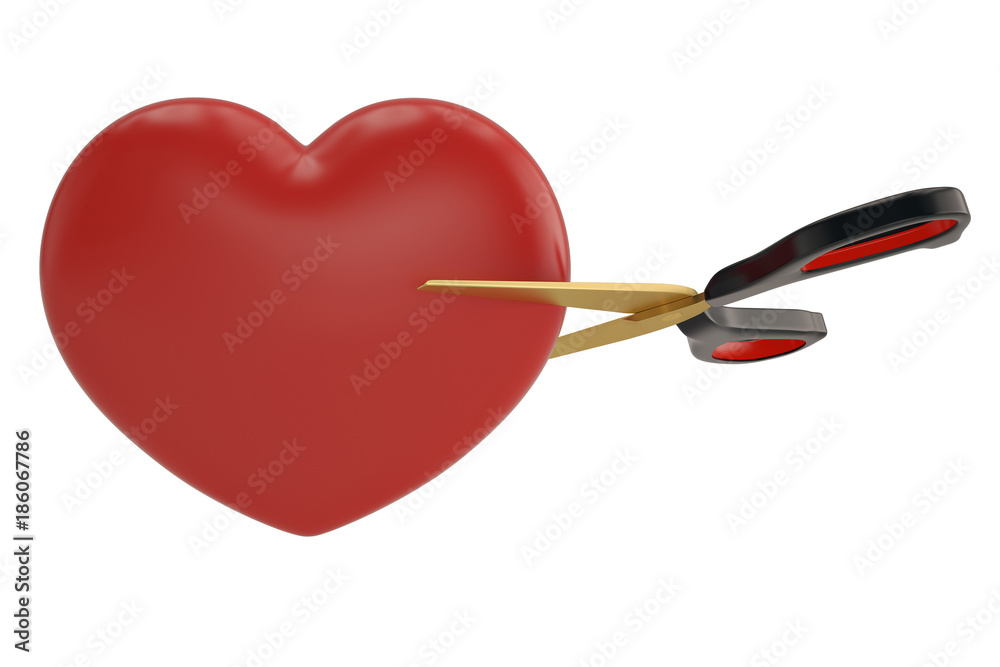 Scissors and heart on white background 3D illustration. Scissors and heart on white background 3D illustration.