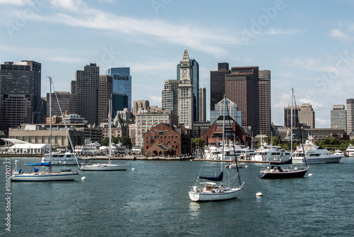 Yacht and sailing boats on Charles River in front of Boston Skyline in Massachusetts USA on a sunny summer day