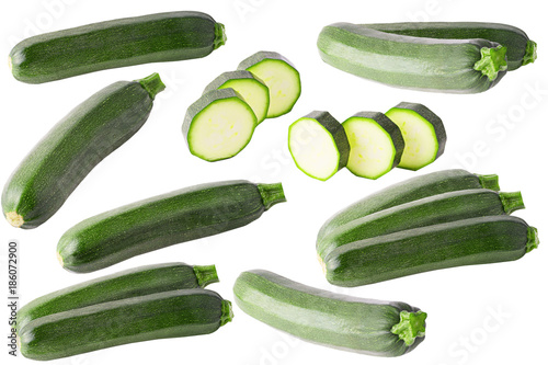 Collection of isolated zucchini on white background
