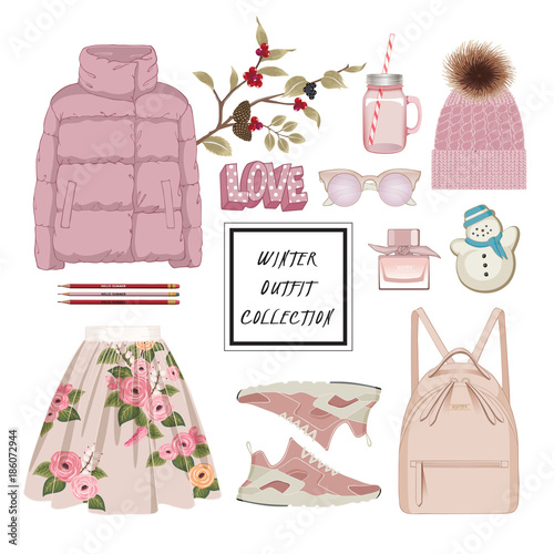 Vector of hand drawn fashion illustration. A set of winter outfit collection with accessories.