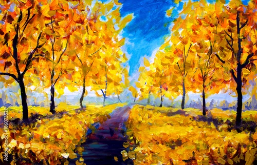 Obraz Obraz olejny - jesień, żółte liście, park, jesienne drzewa, błękitne niebo