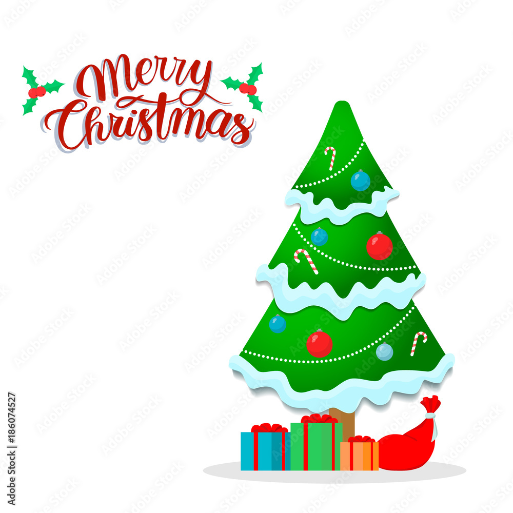 Beautiful christmas tree with garland. Snow gifts and candy. Lettering