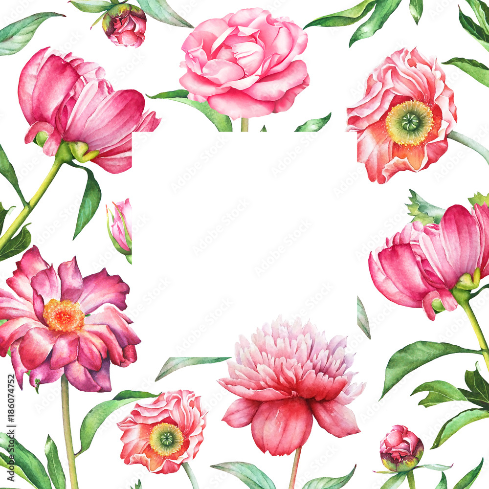 Watercolor floral design, pink and red flowers with green leaves with empty space for text isolated on white background. Useful for greeting, wedding, Valentine's day cards, scrapbook design element.