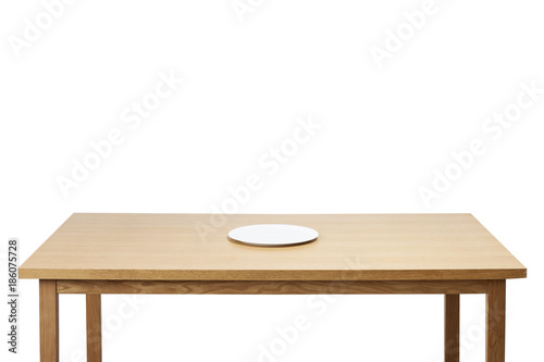 wood table with empty dish isolated on the white background