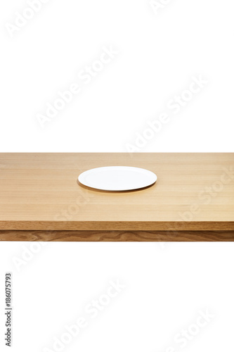 wood table with empty dish isolated on the white background