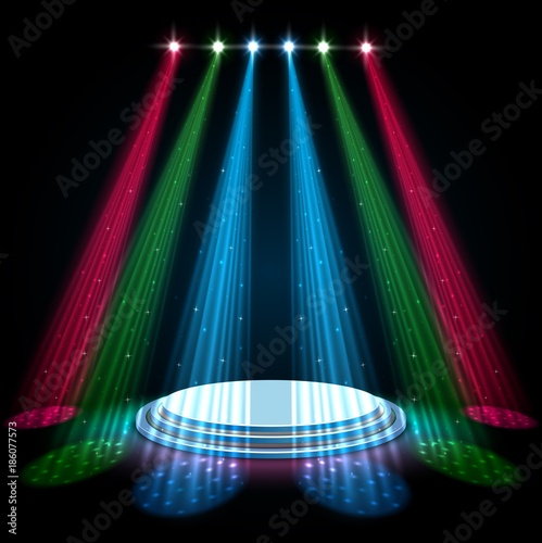 Colorful glow spotlights with white podium on dark background