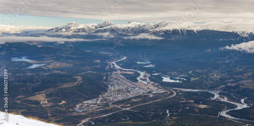 Jasper town in the morning from mountain whistler, jasper national park, alberta, canada