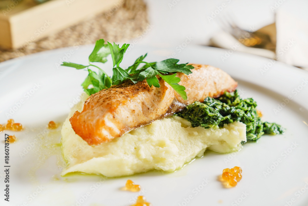 salmon steak with mashed potato salmon steak with mashed potato