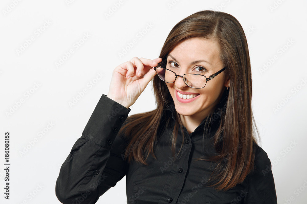 Beautiful happy caucasian young smiling brown-hair business woman in black classic shirt and glasses isolated on white background close up. Manager, worker, student. Copy space for advertisement. Beautiful happy caucasian young smiling brown-hair business woman in black classic shirt and glasses isolated on white background close up. Manager, worker, student. Copy space for advertisement.