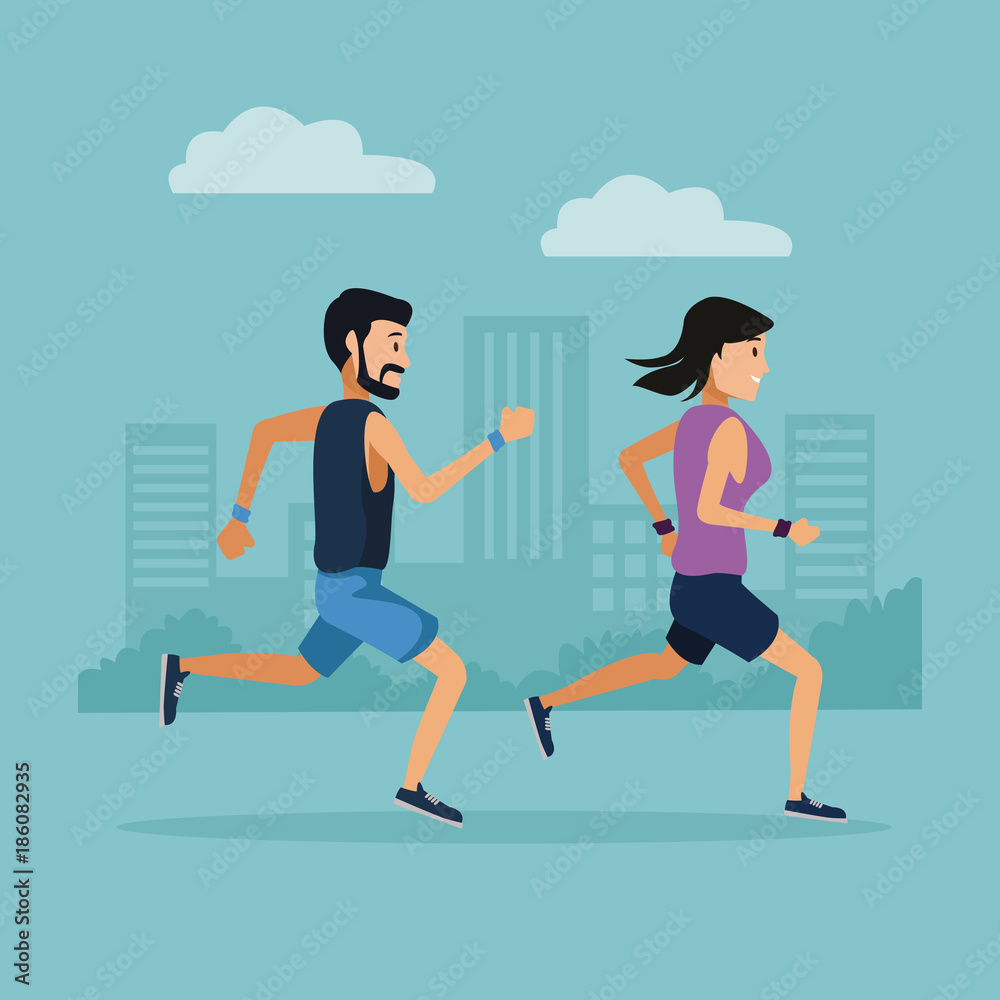 Fototapeta premium Couple running in the city icon vector illustration graphic design