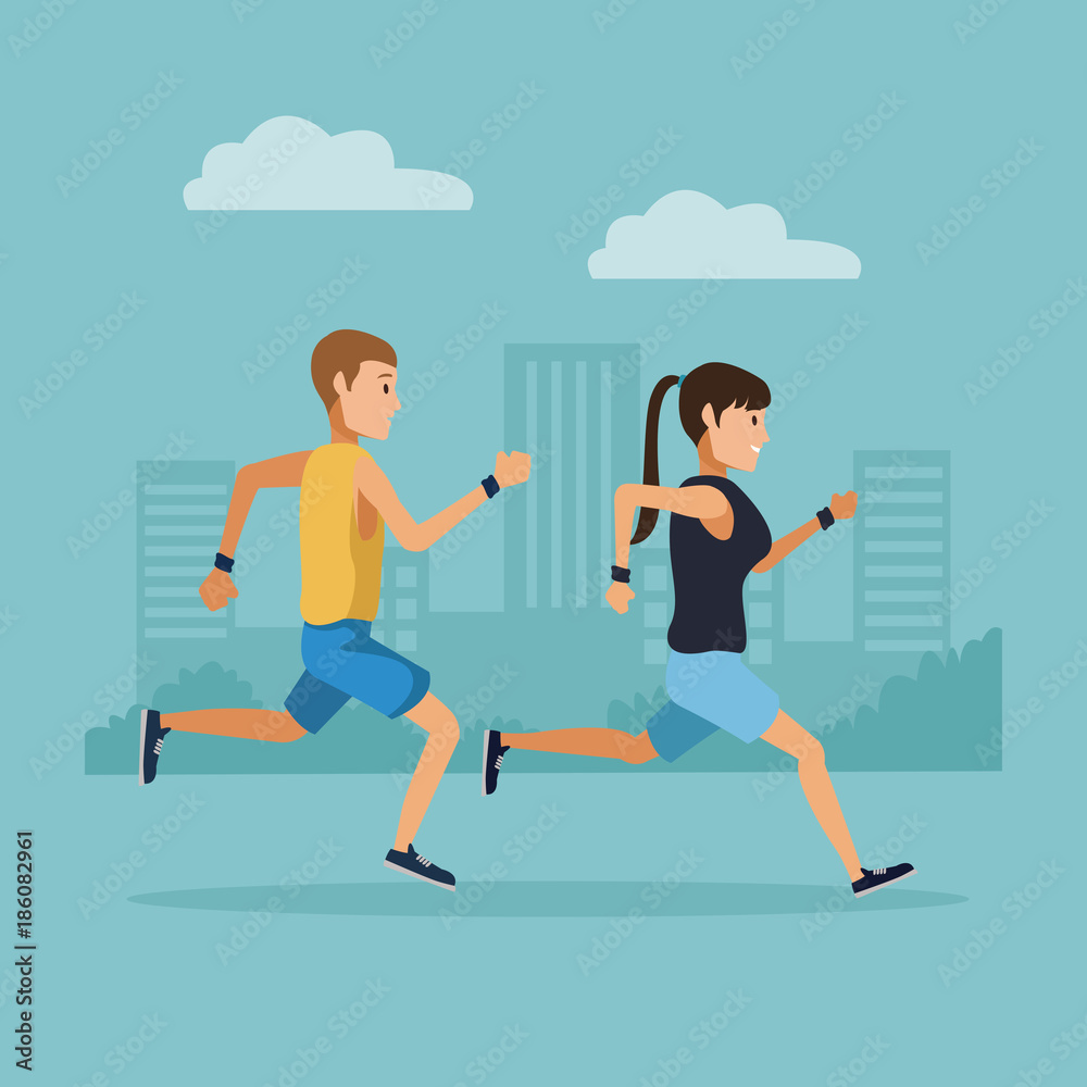 Couple running in the city icon vector illustration graphic design