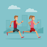 Couple running in the city icon vector illustration graphic design