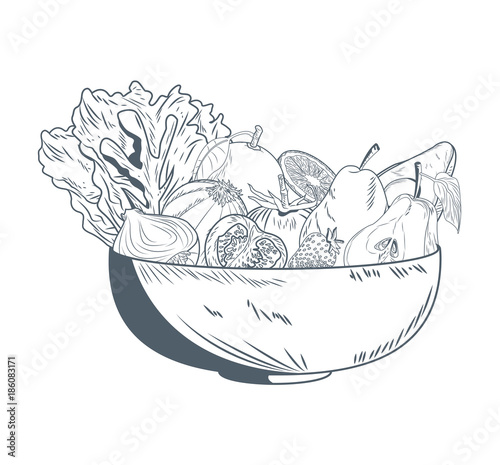 Fototapeta Naklejka Na Ścianę i Meble -  Bowl with vegetables and fruits hand draw icon vector illustration graphic design