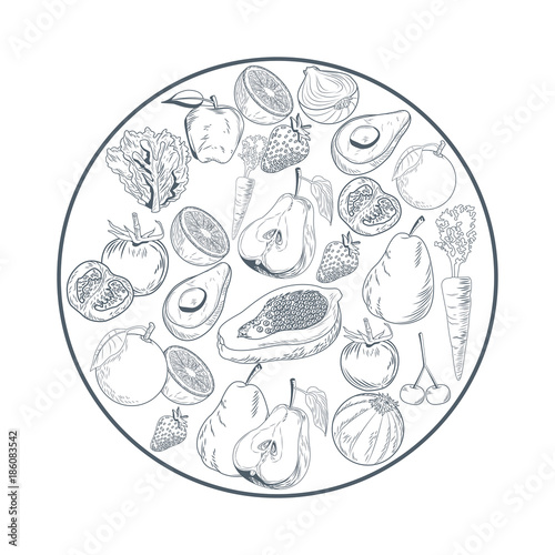 Vegetables and fruits round frame hand draw icon vector illustration graphic design