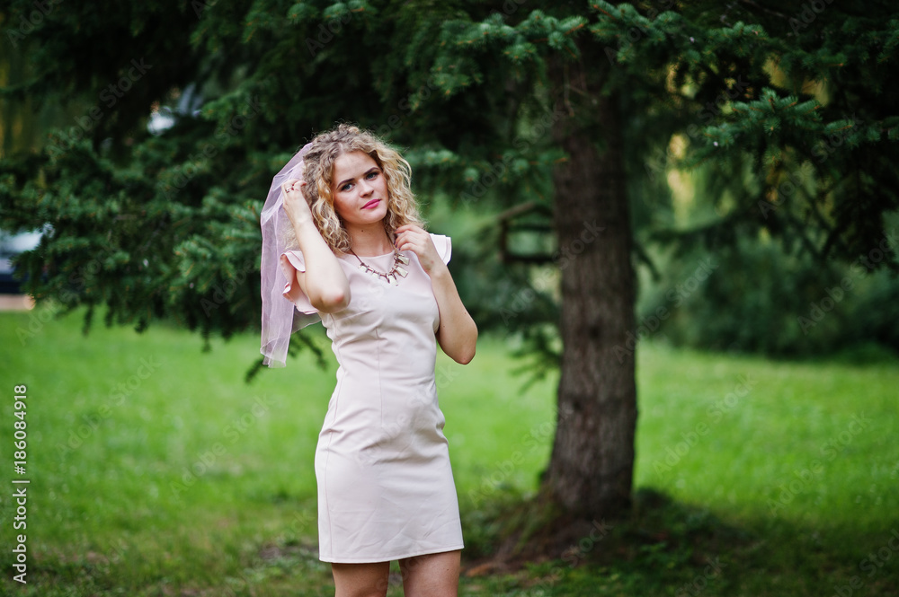 Portrait of blonde curly future bride at hen party. Portrait of blonde curly future bride at hen party.