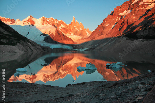  Cerro Torre, Los Glaciares National Park. Reflection of mountains in the lake at sunrise