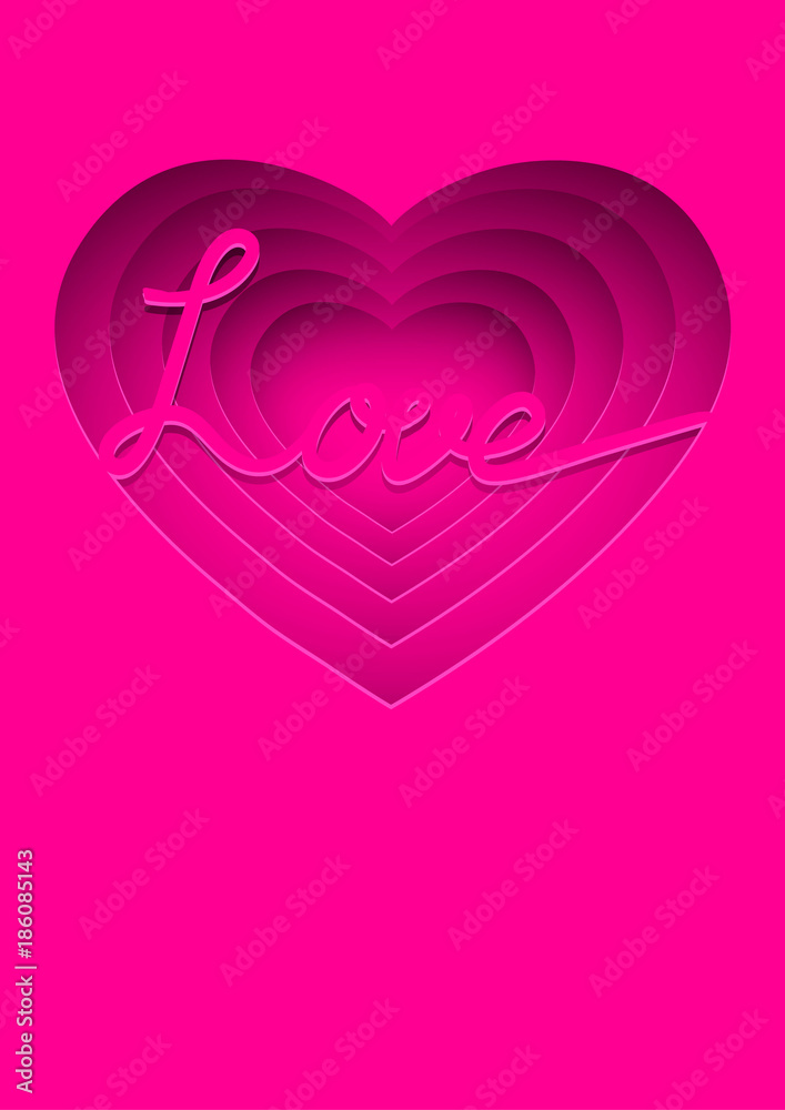 Vector illustration of silhouette heart. Shapes of heart on pink paper background. Valentines card in hearts shape with love lettering. Cut effect illustration for gift card