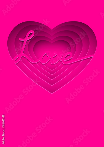 Vector illustration of silhouette heart. Shapes of heart on pink paper background. Valentines card in hearts shape with love lettering. Cut effect illustration for gift card